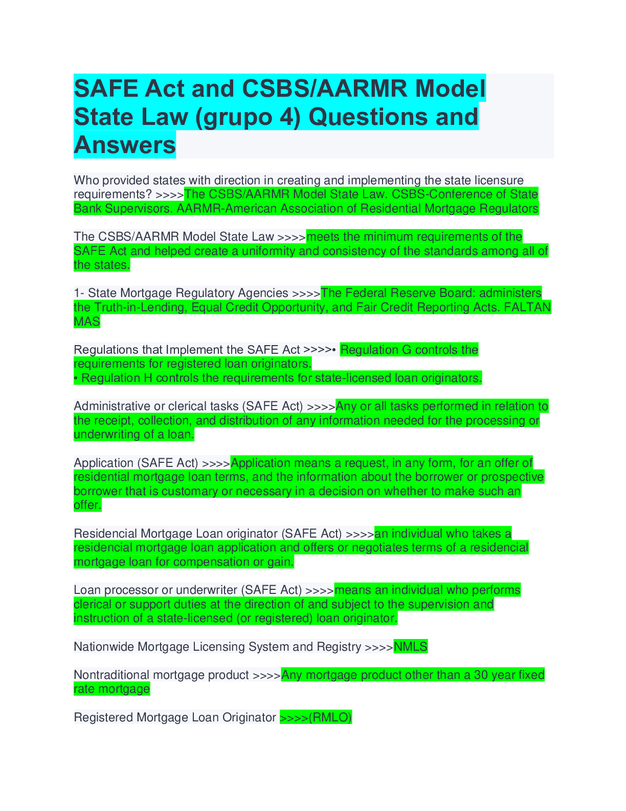 SAFE Act and CSBS/AARMR Model State Law (grupo 4) Questions and Answers